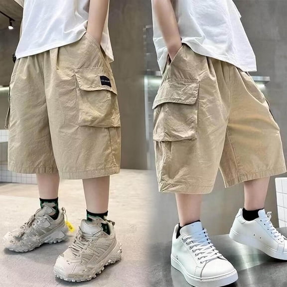Amidoa Boys Cotton Baggy Cargo Shorts – Elastic Waist Summer Knee Length Casual Shorts,Khaki,10