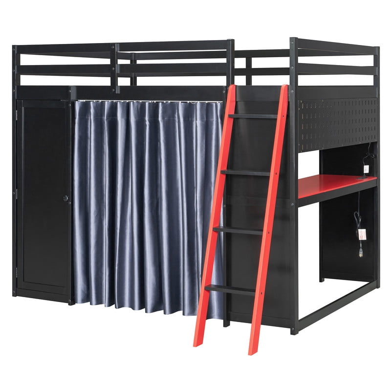 Full Size Wood Loft Bed with Wardrobe, Desk, Shelves, Blackout Curtains & RGB LED Lights, Space-Saving Gaming Loft Bed Frame with Storage Cabinet and Workstation for Teens & Adults