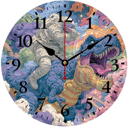 9.84 Inch Fantasy Dinosaur Wall Clock, Colorful Space Dragon Theme Analog Clock, Battery Operated Kids Room Decor Clock for Bedroom Living Room Office Home Decor