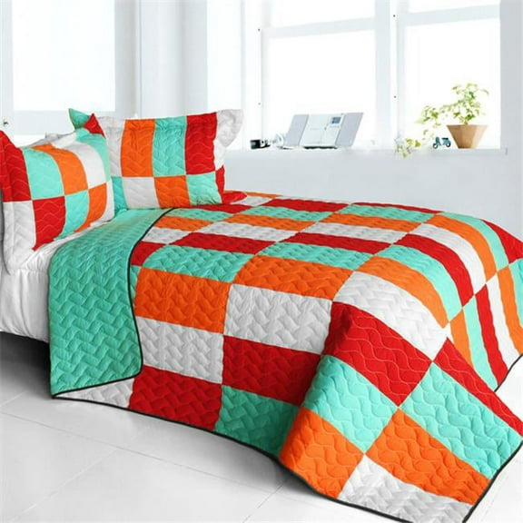 Kaleidoscope - 3 Pieces Vermicelli - Quilted Patchwork Quilt Set  Full & Queen Size - Orange