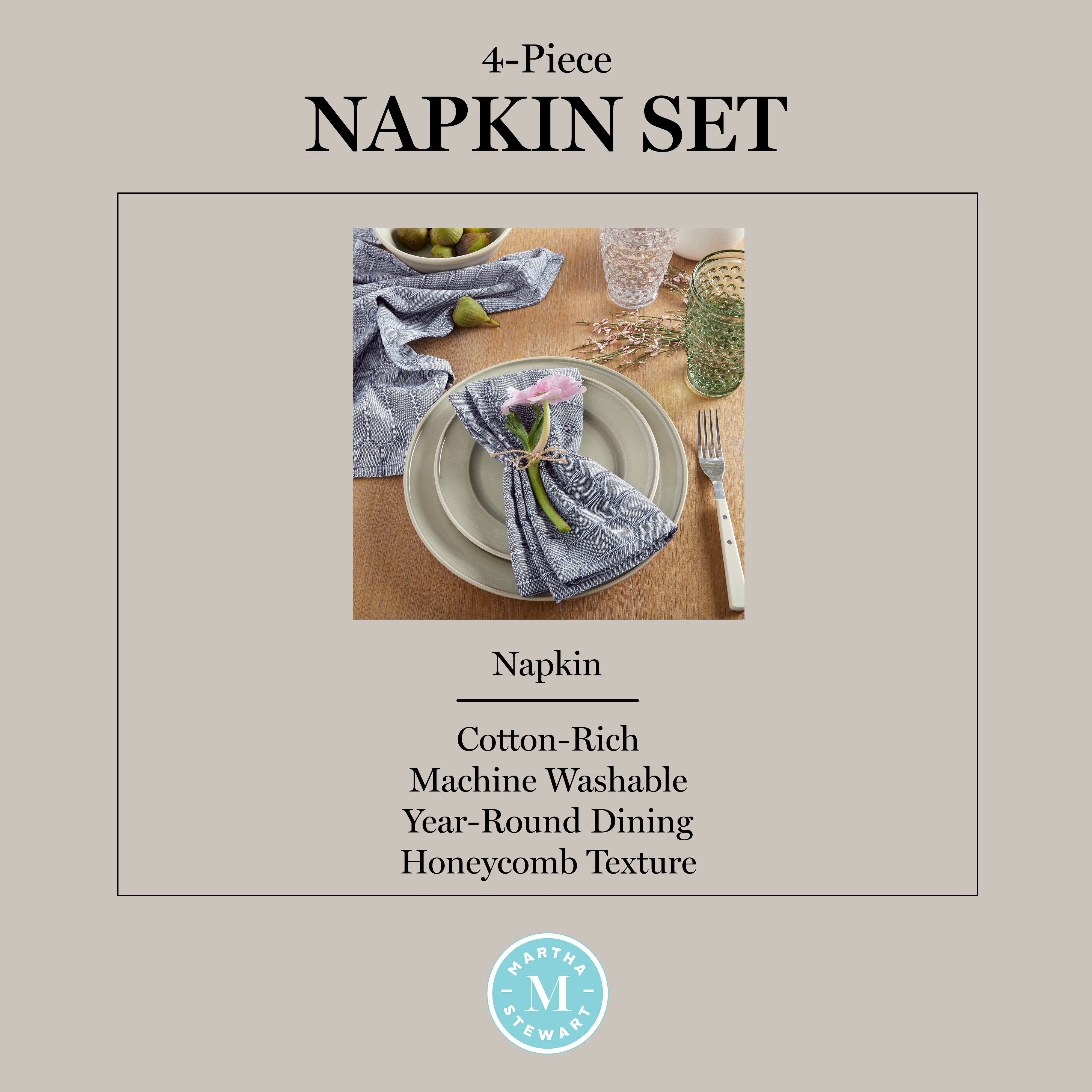 Martha Stewart Honeycomb Modern Farmhouse Napkin 4-Pack Set, Blue, 19"x19"