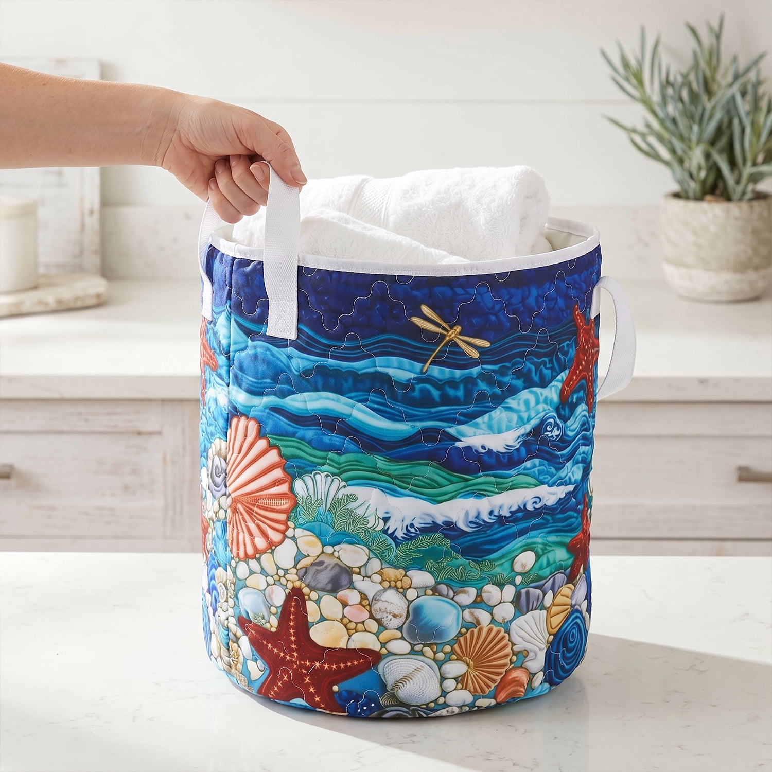 Yucurem Boho Fabric Floral Storage Hamper with Handle, Quilted Laundry Basket for Nursery Bedroom Laundry Room Clothes Toys (Starfish)