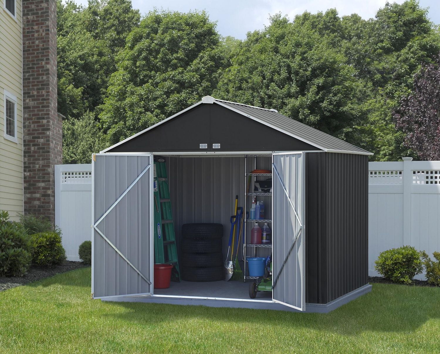 EZEE Shed Steel Storage 10 x 8 ft. Galvanized Extra High Gable Charcoal with Cream Trim