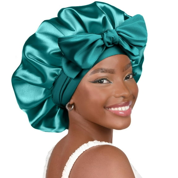 PEAKIN Silk Bonnet for Sleeping Women Dark Green Satin Bonnet Double Layer Satin Lined Hair Bonnet with Tie Band Curly Hair