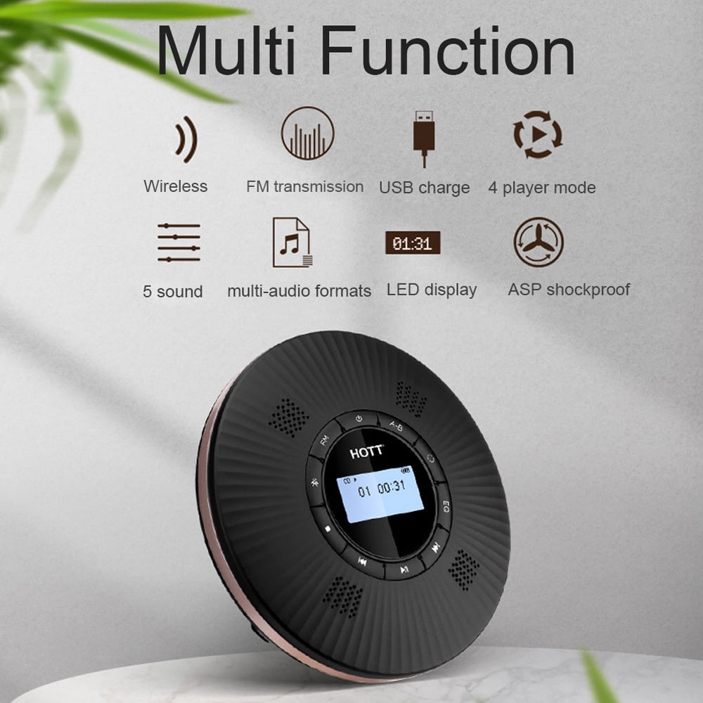 Rechargeable Wireless Portable CD Player with FM Transmission Function for Car, Built-in 4 Speaker, ASP Shockproof, Personal MP3/CD Music Disc Player