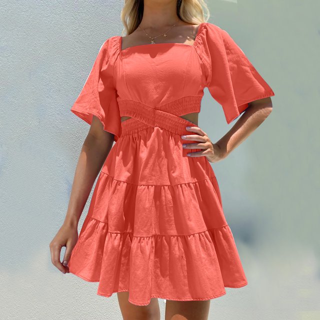 Robe d'Été pour Femmes Col Carré Manches Courtes Découpe Boho Élasticité Volants Superposés Robe Trapèze Mini