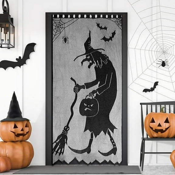 Black Lace Curtains, Witch Window Curtains, 84in Black Halloween Witch Lace Window Curtain Ornament Bat Curtain Household Party Supplies Decoration Props