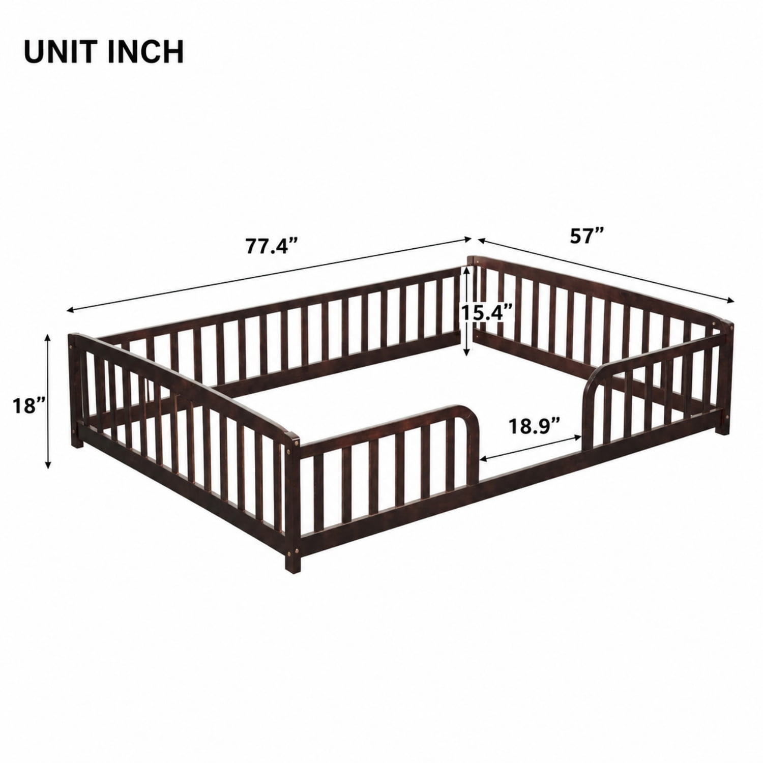 Miniyam Full Size Floor Bed with Guardrails, Low Profile Wooden Kids Bed Frame with Rounded Entrance, Espresso