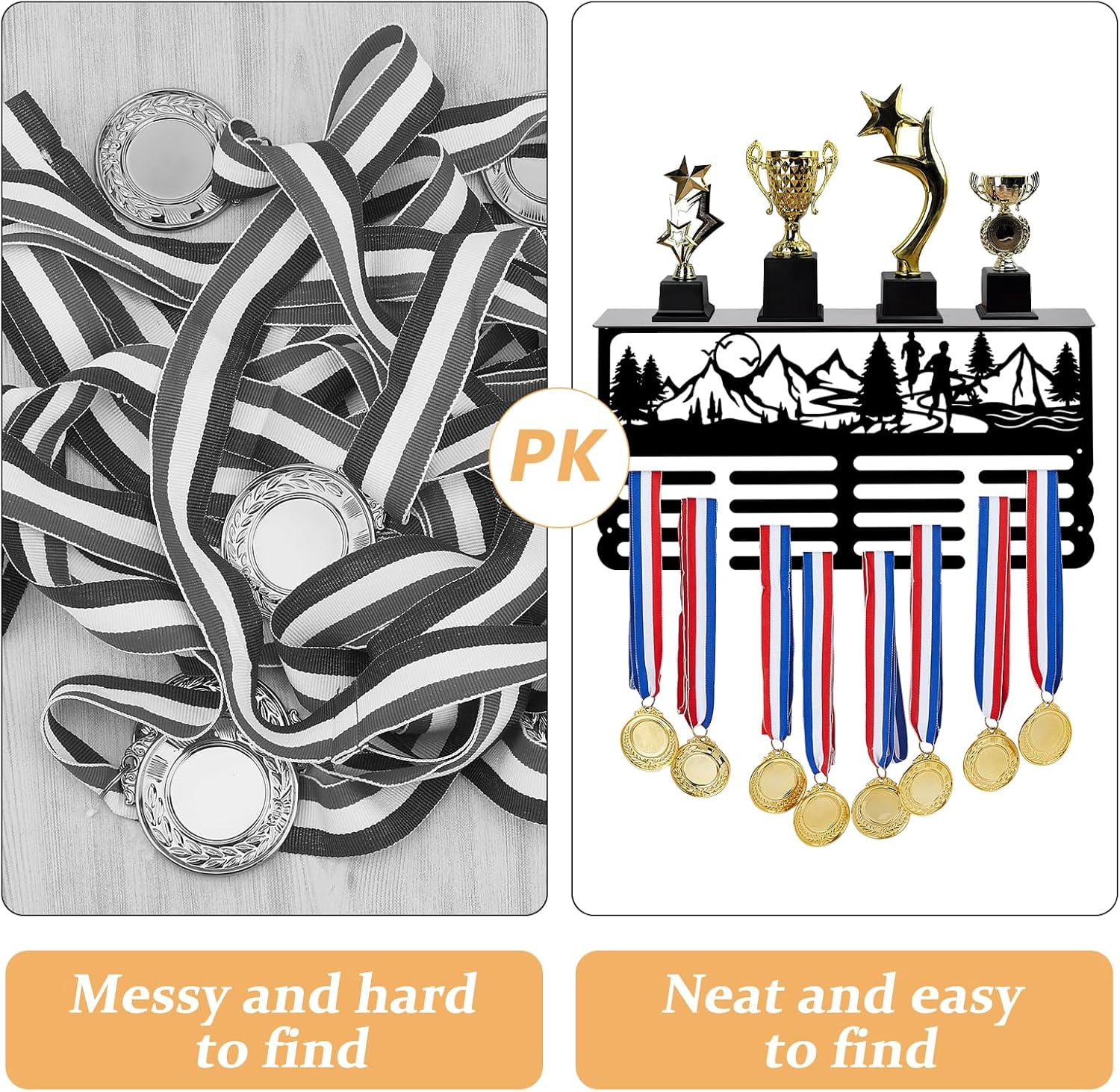 Running Medal Trophy Hanger Rack Mountain Run Medal Holder Display with Trophy Shelf Metal Medal Hanger Display with Shelf Stand for Running Awards Storage Athletes Gifts