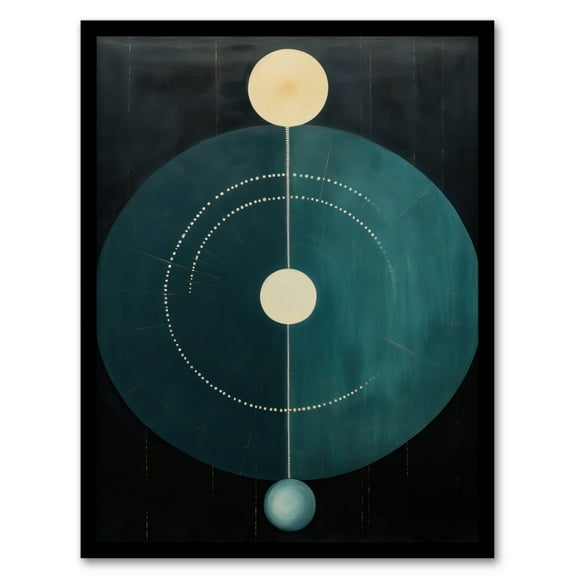 Abstract Teal Stone Circles Oil Painting Blue Yellow on Black Minimalist Geometric Art Print Framed Poster Wall Decor 12x16 inch