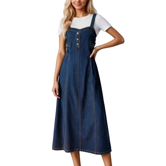 XIYON Dresses For Women Stylish Denim Pinafore Dress Casual Long Overalls With Adjustable Straits For Everyday Wear Going Out Dresses