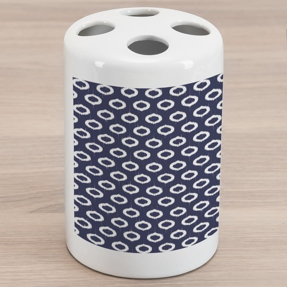 Indigo Ceramic Toothbrush Holder, Grunge Abstact Geometrical Design with Sketchy Round Rectangulars Image, Decorative Versatile Countertop for Bathroom, 4.5" X 2.7", Dark Blue and White, by Ambesonne