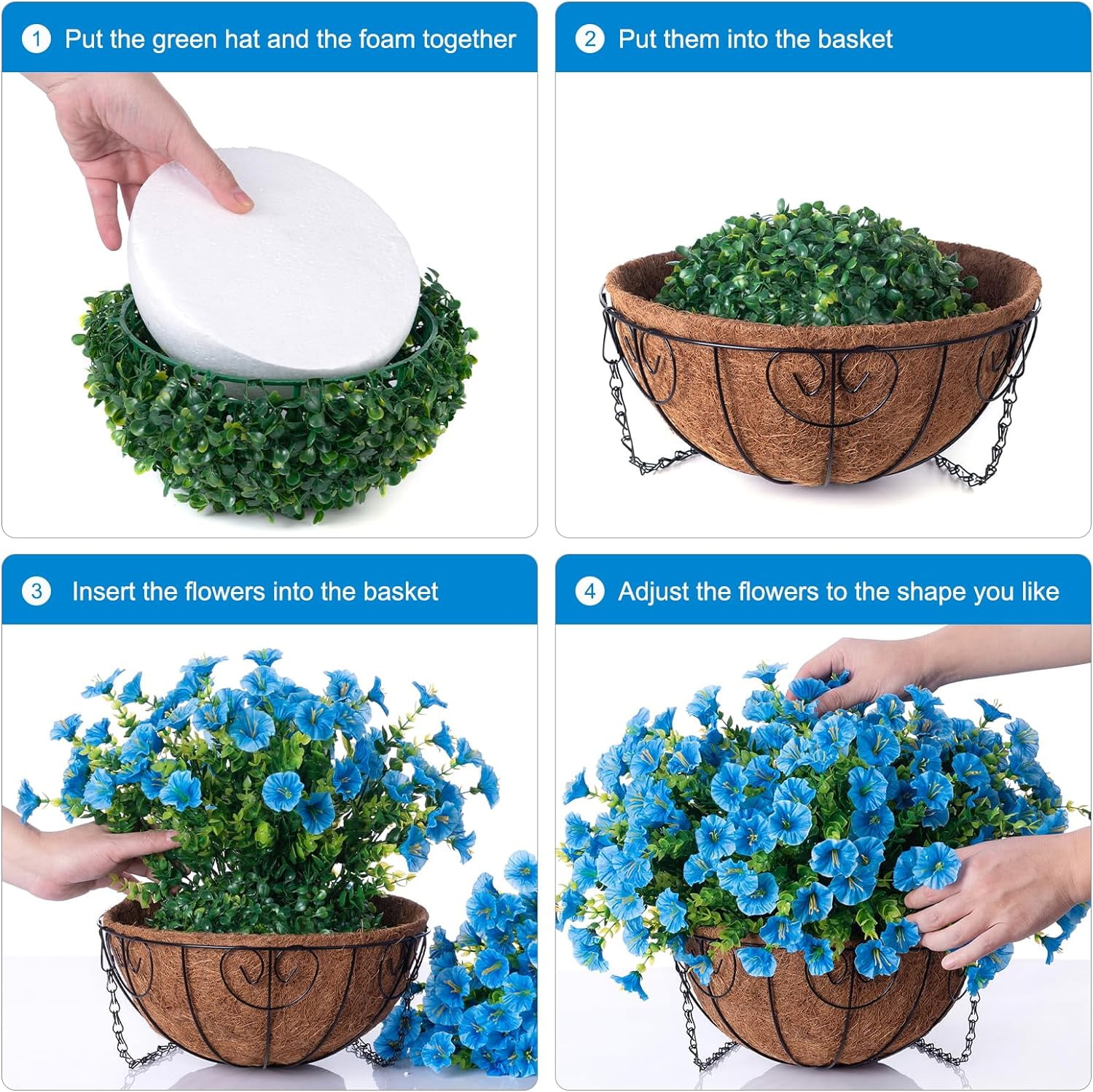 Artificial Fake Hanging Outdoor Plants Flowers with Basket, Faux Silk Blue Morning Glory Eucalyptus Floral Arrangement Look Real UV Resistant for Outside Porch Patio Balcony Home Decor