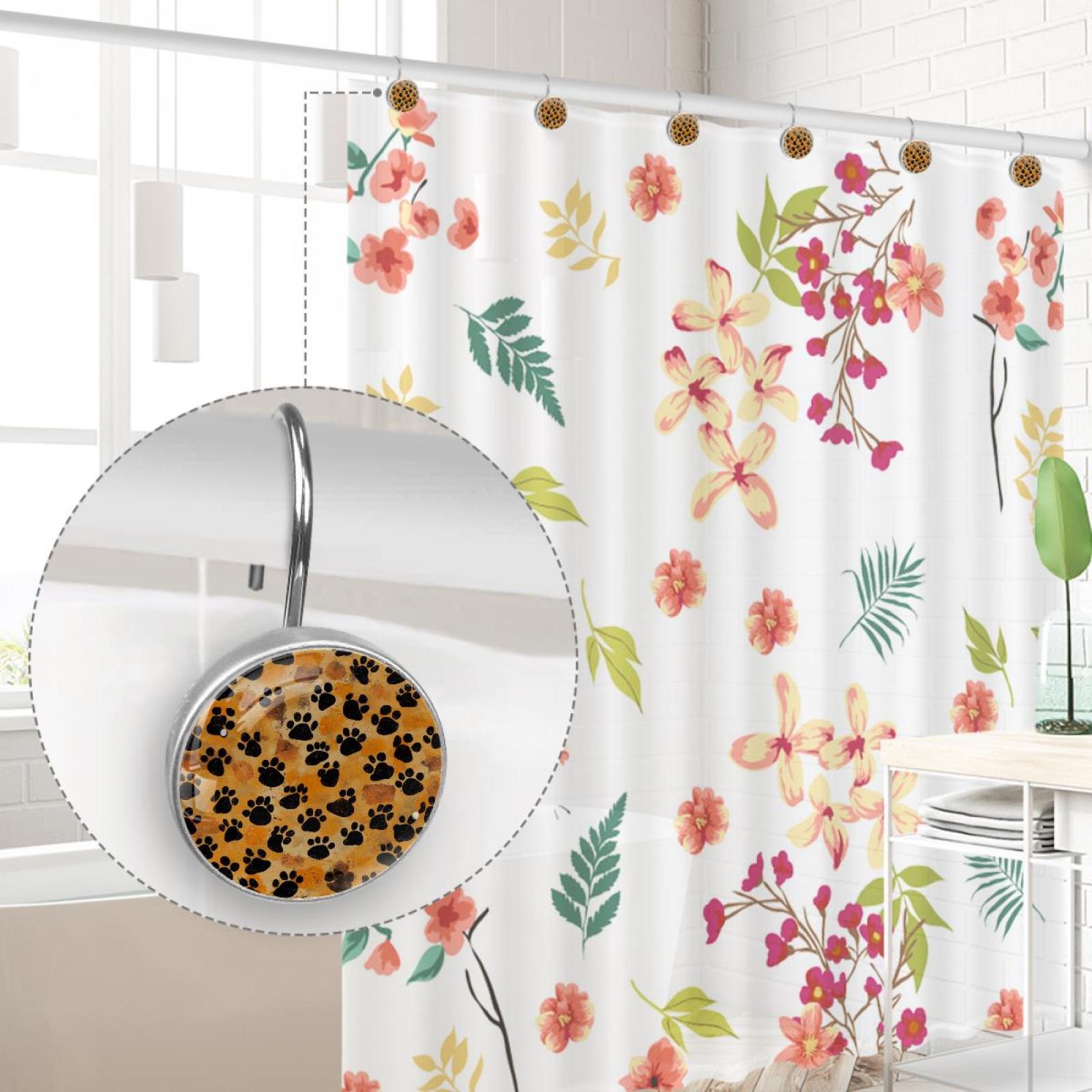 Black Animals Footprints Shower Curtain Hooks Round Crystal Glass, Set of 12 Shower Curtain Rings - Shower Hooks for Curtain Shower Rings