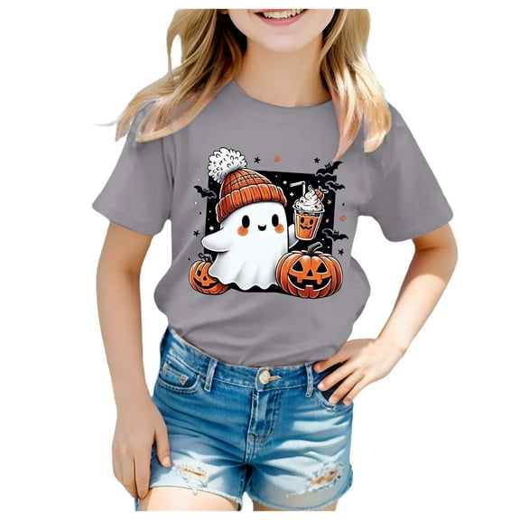 NIEWTR Halloween Shirt for Girls Graphic Tshirt Spooky Ghost Shirts Graphic Tee Funny Cute Short Sleeve Tops Halloween T-Shirt (6-7 Years,Grey)