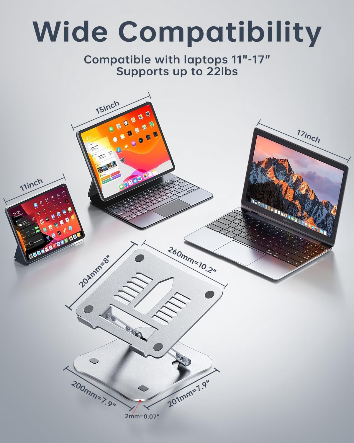 Aluminum Laptop Stand for Desk, Foldable and Portable Riser, Adjustable Notebook Stand, Ventilated Cooling Bracket, Ergonomic Computer 11-17 inch Notebooks, Silver