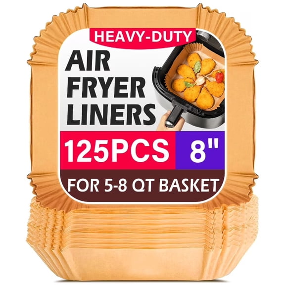 Air Fryer Liners Disposable, Square 125 pcs Non-stick, 8 inch ,Unbleached Parchment Paper Liners for 5-8QT Air Fryer, Oil-proof, Water-proof, Food Grade Air Fryer Accessories