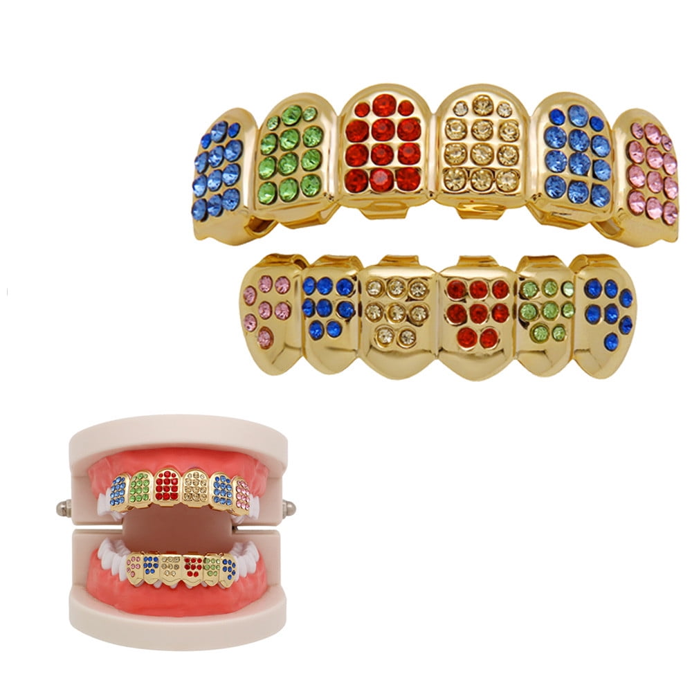 Silver Gold Plated Rainbow Grillz Tooth Caps - Top & Bottom Hip Hop Grills For Teeth, Unbranded Fashion