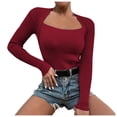 thumbnail image 1 of Jersey de punto para mujer de color liso con cuello cuadrado y manga larga ajustada de punto elástico, poliéster suave, informal, 1 of 8