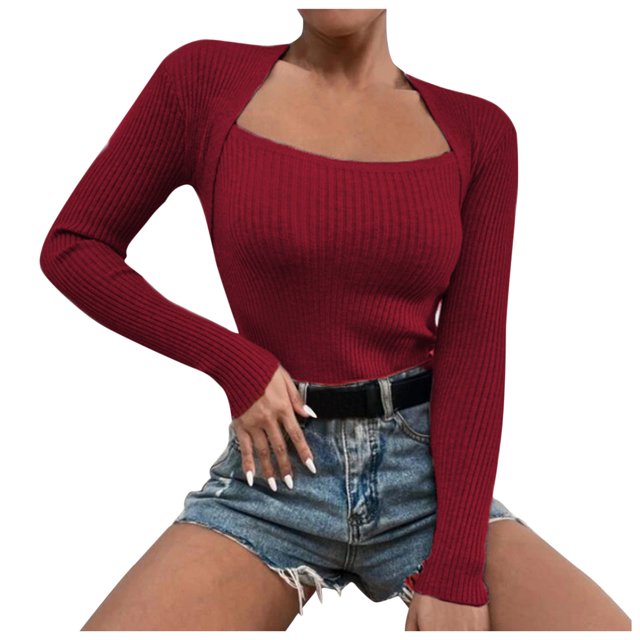 Jersey de punto para mujer de color liso con cuello cuadrado y manga larga ajustada de punto elástico, poliéster suave, informal