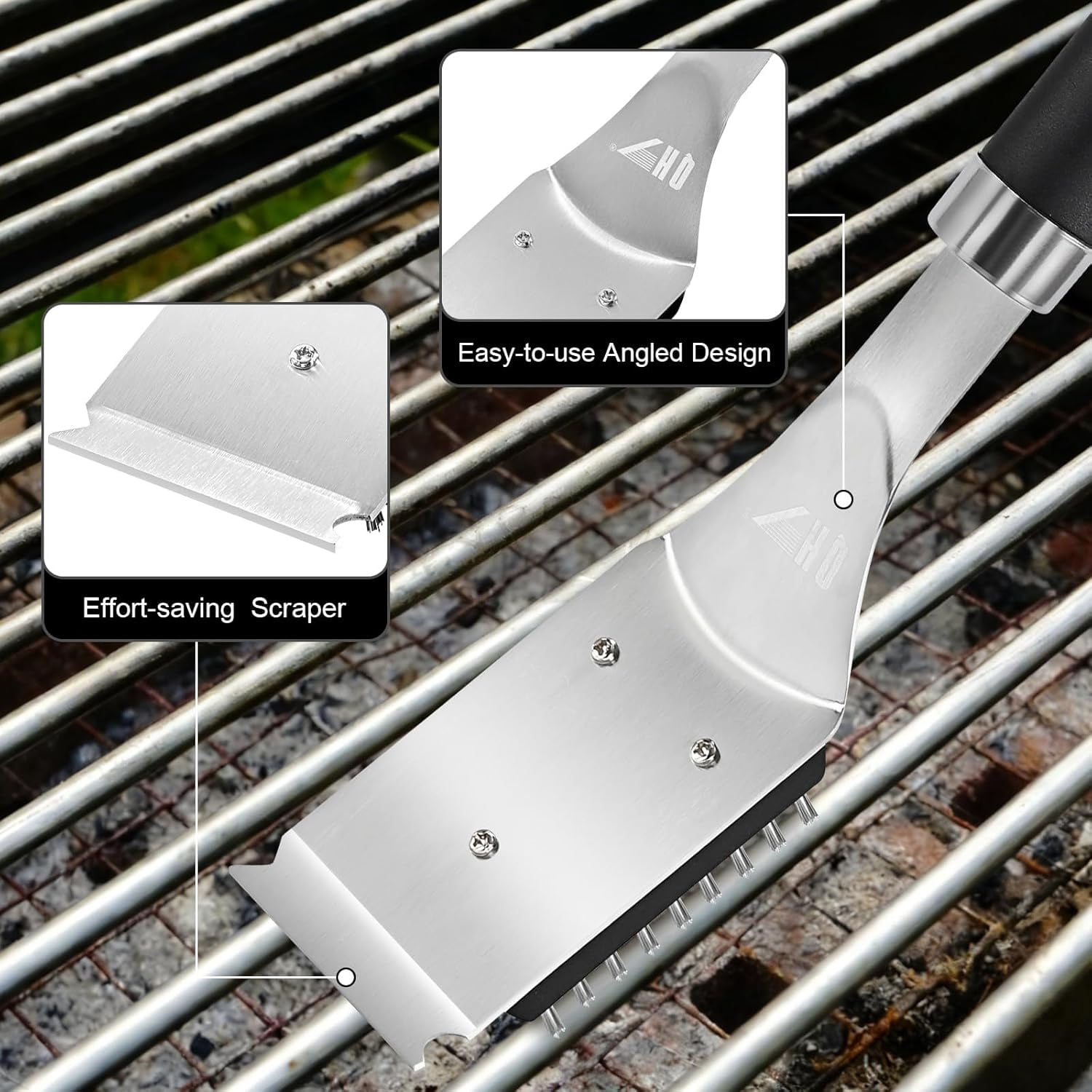 BBQ Grill Cleaning Brush with Scraper, 17'' Stainless Steel Grate Cleaner 2 Replaceable Bristles Heads, Safe Accessories for Charcoal & Electric Grills