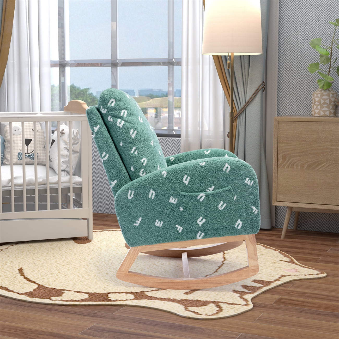 Rocking Chair for Nursery, Modern Upholstered Rocker Chair with High Back and Side Storage Pocket, Comfy Leisure Accent Armchair for Bedroom, Living Room and Balcony, Green