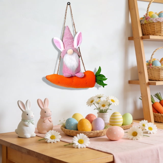 Adorno colgante de zanahoria de conejo de Pascua • Decoración de muñeca sin cara • Fibra de poliéster suave • Decoración colgante para fiestas de Pascua al aire libre • 1 pieza