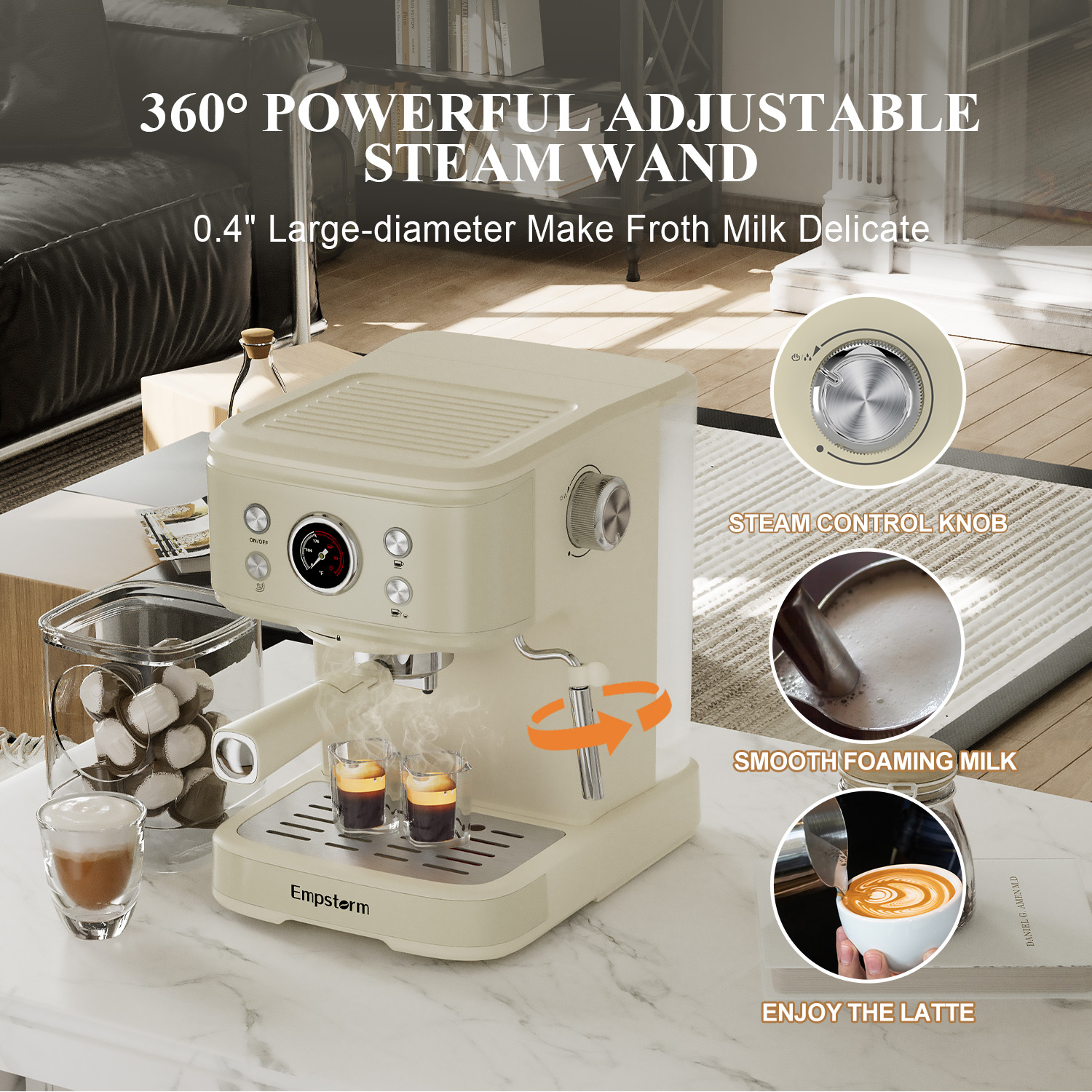 Empstorm 20 Bar Espresso Machine with Milk Frother Steam Wand, 3-in-1 Coffee Maker, Compatible with NS Pods, Stainless Steel, for Latte & Cappuccino, Beige