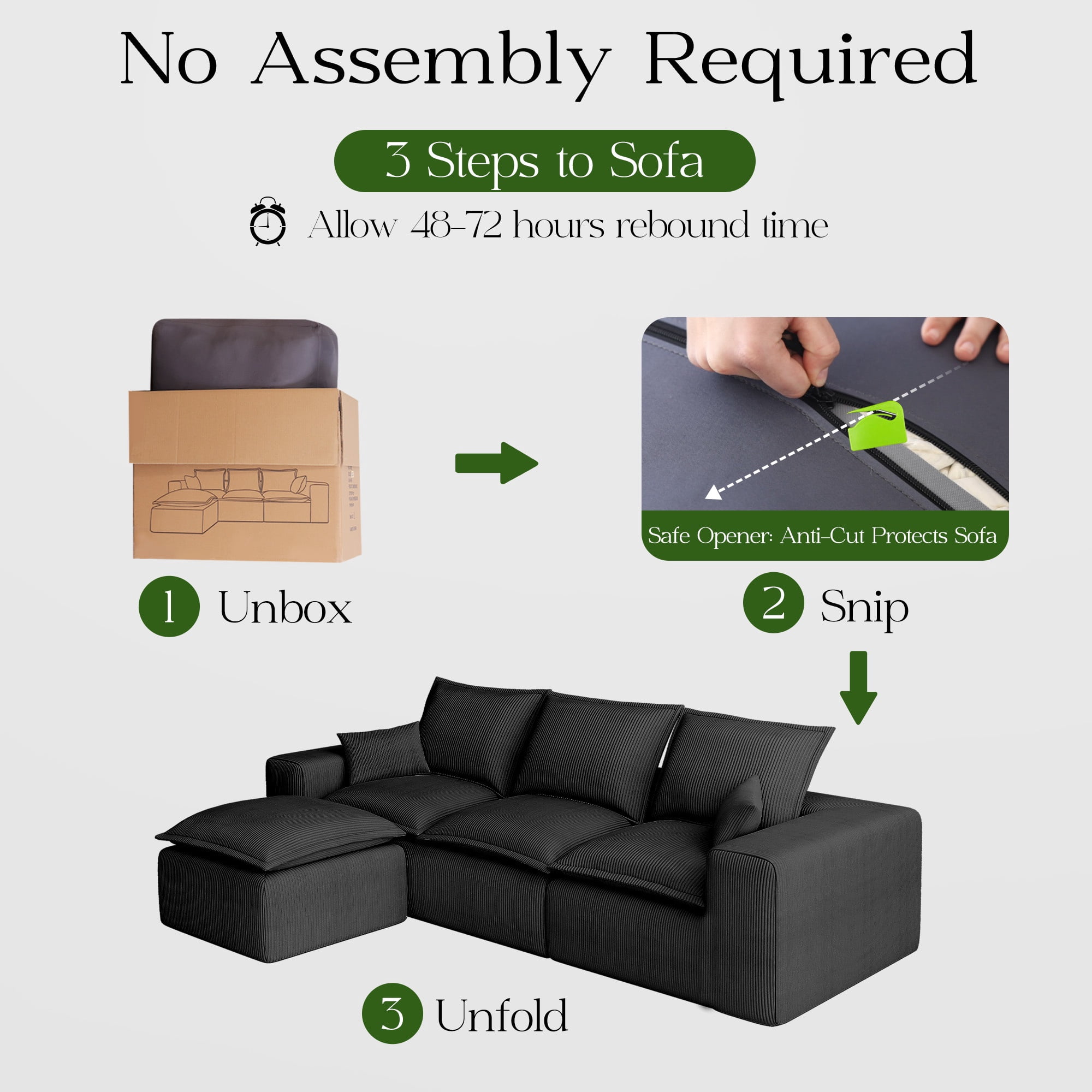 107" L-Shape Modular Sectional Sofa Corduroy Cloud Couch with Ottoman Compressed Foam for Living Room, No Assembly Required Black