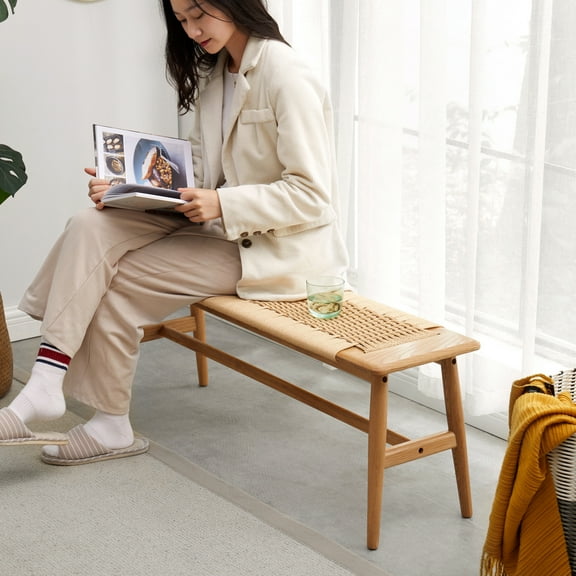 Solid Wood Bench With A Breathable Woven Cane Seat In Oak Natural An Airy And Comfortable