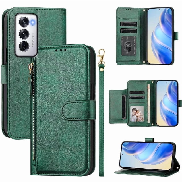 Filp Case for OPPO Reno 12 PRO 5G Zipper Pocket Magnetic Flip Wallet Phone Case with 7 Card Slots and Wrist Strap