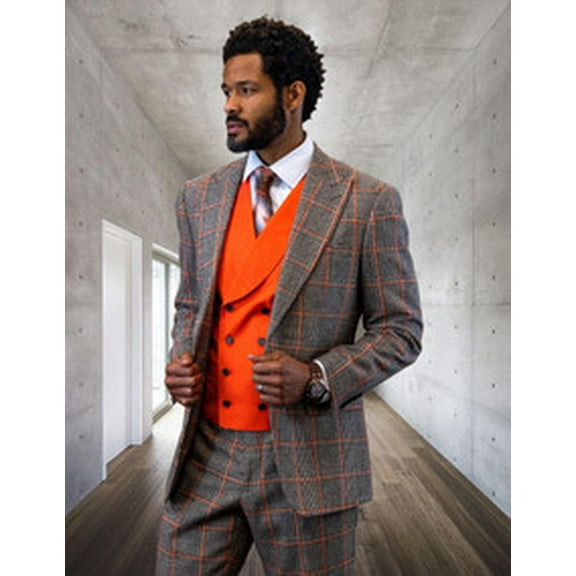 Statement Men's 100% Wool 3 Piece Suit Coral Vest Tailored Fit Benson