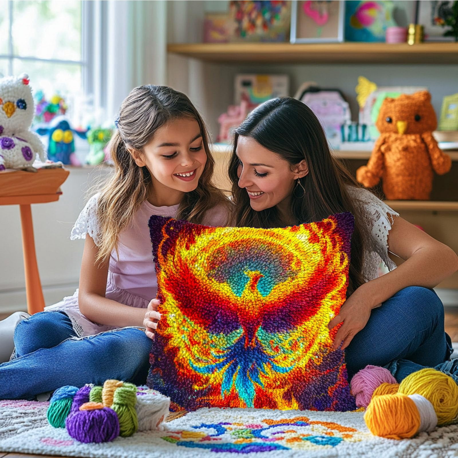 DIY Latch Hook Pillow Kits Phoenix Flying Colorful Flames Printed Pillowcase Crochet Yarns Hooking Handmade Pillow Cover Cushion for Home Sofa Decoration 17x17inch-2
