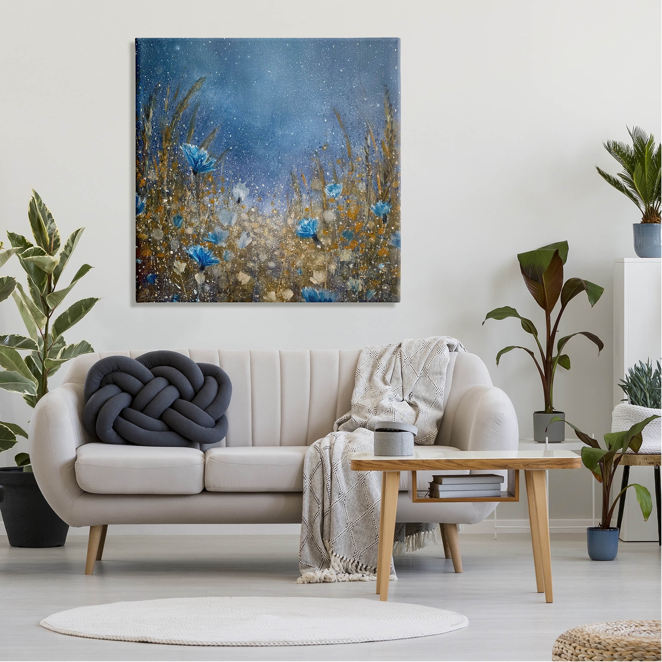 Deep Blue Botanical Meadow Grass Landscape Painting Gallery Wrapped Canvas Print Wall Art
