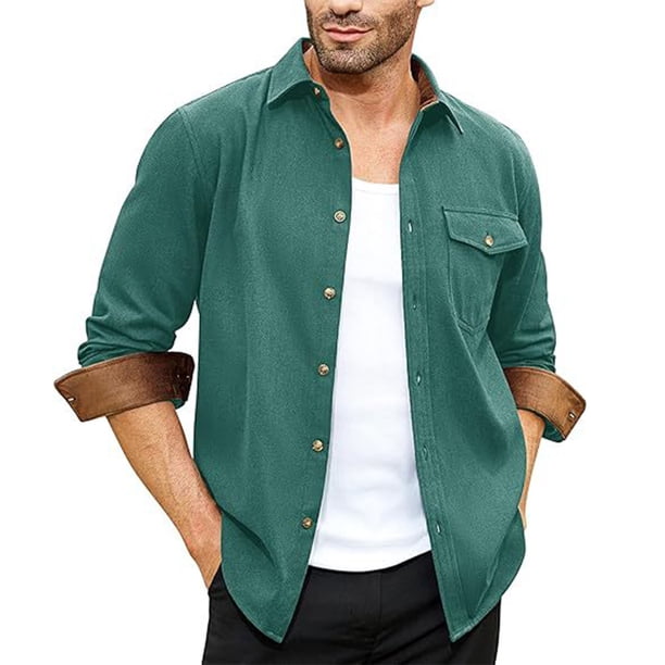Blusa y camisa de manga larga con cuello vuelto para hombre, informal, lisa, con botones y bolsillo, de poliéster