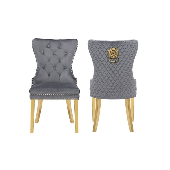 Dark Gray Velvet 2 Piece Gold Dining Chairs - Back Construction, Gorgeous And Lion Head Accent For Modern Chair In With Striking Legs
