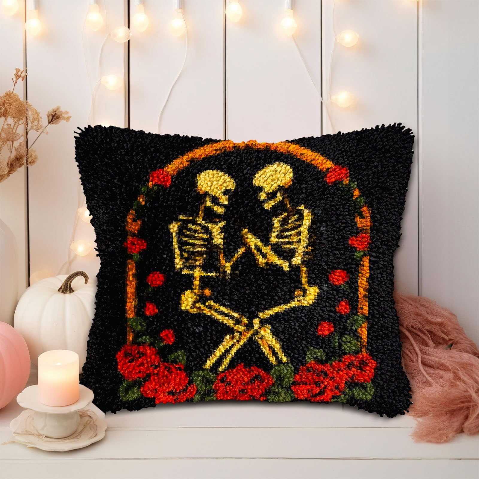 Skeleton Lover Couple and Rose DIY Latch Hook Pillow Kits for Adults Printed Pillowcase Crochet Yarns Hooking Handmade Pillow Cover Cushion for Home Sofa Decoration 17x17inch(1)
