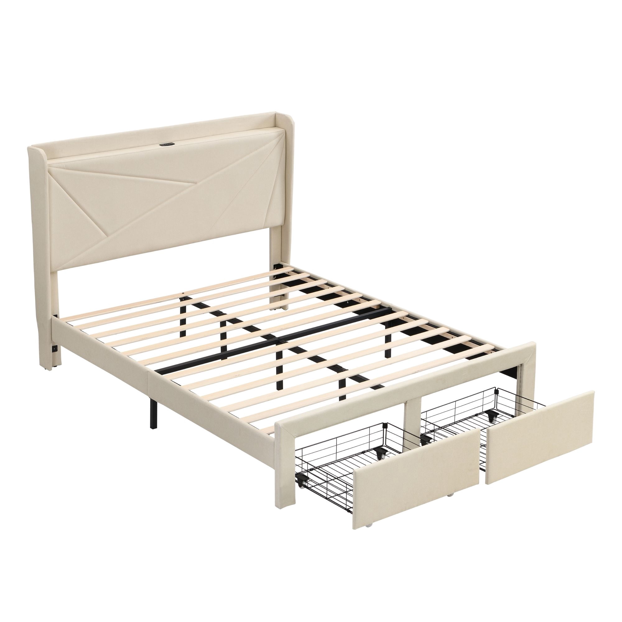 Aukfa Full Bed Frame with 2 Storage Drawers and USB Ports , Upholstered Platform Bed with Storage Shelf Headboard, Beige