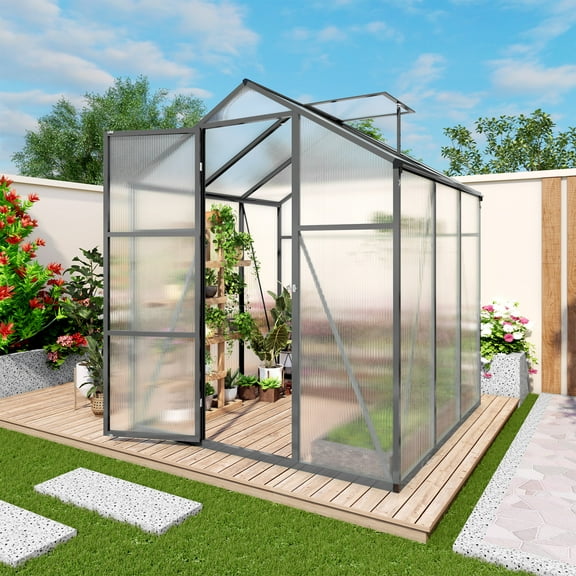 6 x 6 FT Greenhouse, Polycarbonate Green House with Roof Air Vent, Raised Base, Anchor and Windproof Aluminum Frame for Outdoor Garden Backyard black