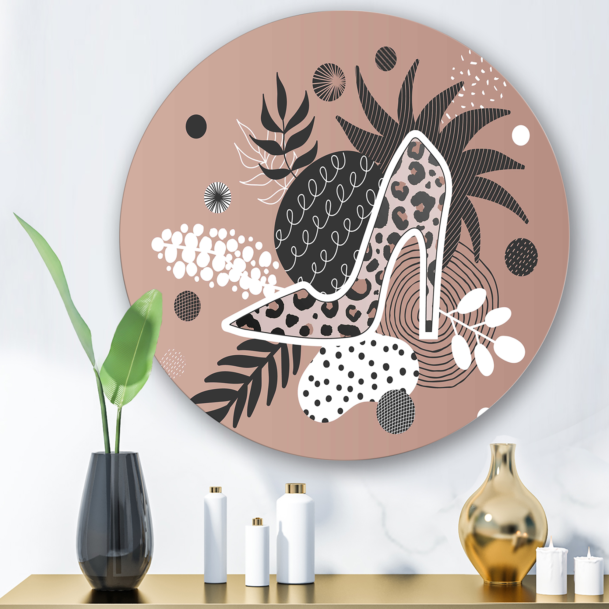 Designart 'Leopard High-Heeled Shoes On Tropical Leaves' Modern Circle Metal Wall Art 23x23 - Disc of 23