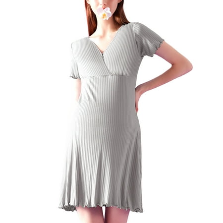 

Women s Summer Casual Maternity Sleepwear Short Sleeve V Neck Ruffle Trim Maternity Nightgown for Hospital