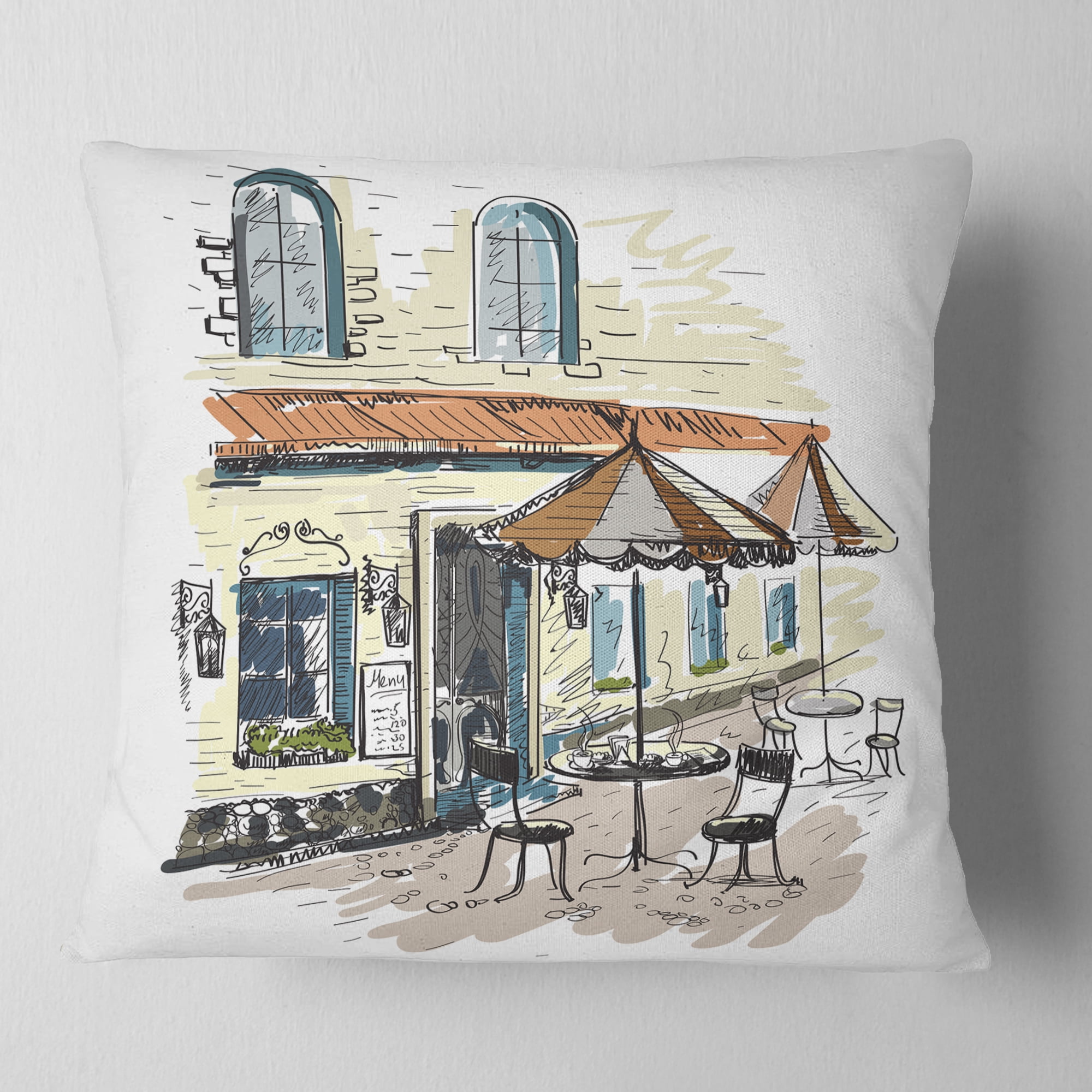 Designart Street Cafe - Watercolor Painting Throw Pillow - 18x18
