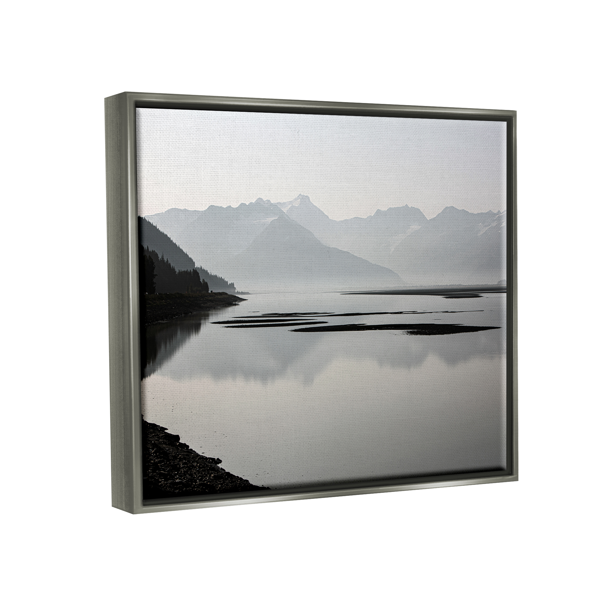 Stupell Industries Grey Mountain Peaks Lake Reflection Coastal Photography Gray Floater Framed Art Print Wall Art