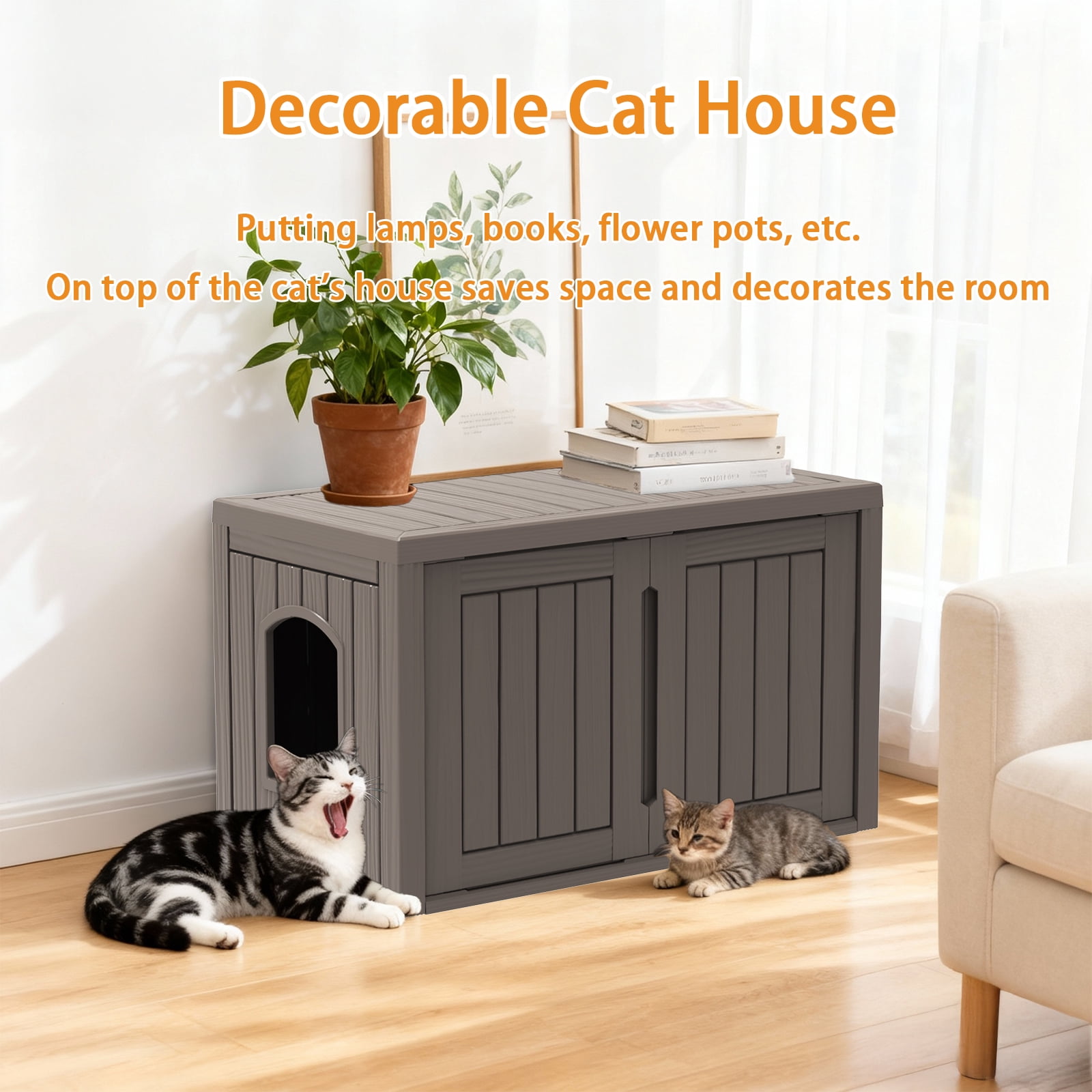 Joxxoaa Waterproof Outdoor Cat House, Weatherproof Plastic Cat Shelter with Double Doors, Enclosed Cat Litter Box Enclosure for Indoor Outdoor Use(Brown)