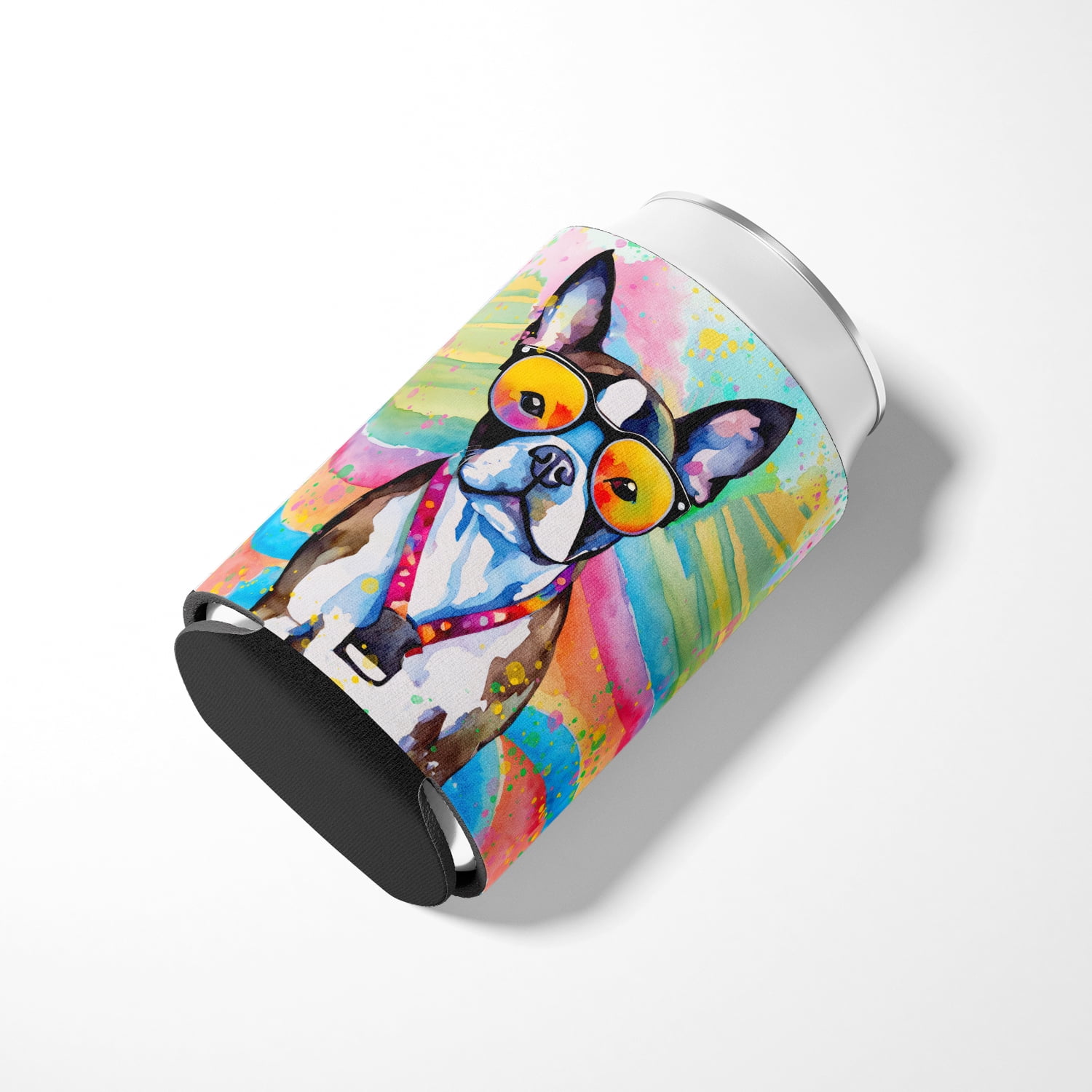 Boston Terrier Hippie Dawg Can or Bottle Hugger 3 in x 5 in