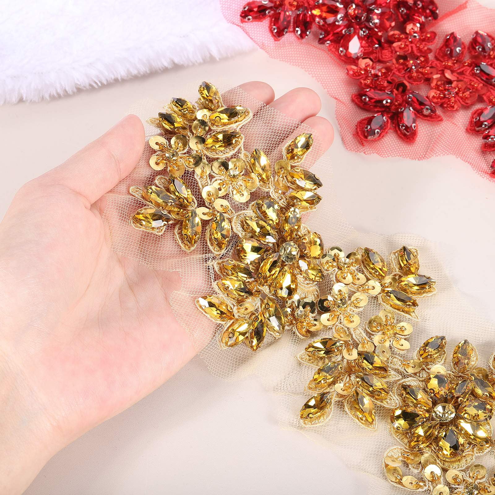 Uxcell 2Pack Rhinestone Applique Patches, 13 x 4 Inches Gold Lace Embroidery Patches Sew on Rhinestone Beaded Sequins for Sewing Making Dresses Wedding Banquet Evening Gown Decoration