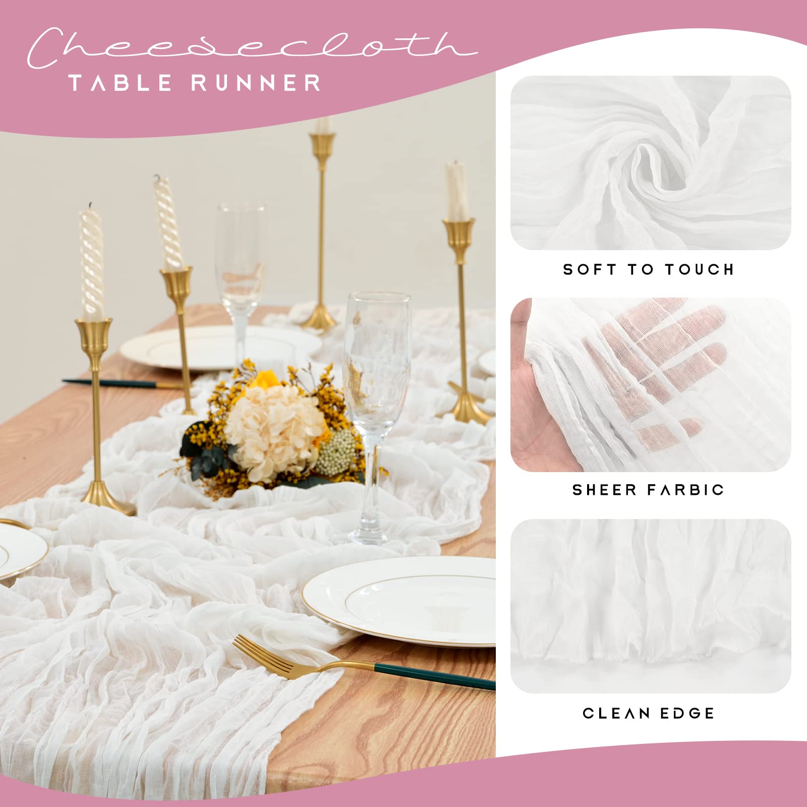 12 Pack 35 x 120 inch Long Boho Cheese Cloth Gauze Table Runners Semi Sheer Table Runner for Wedding Decor