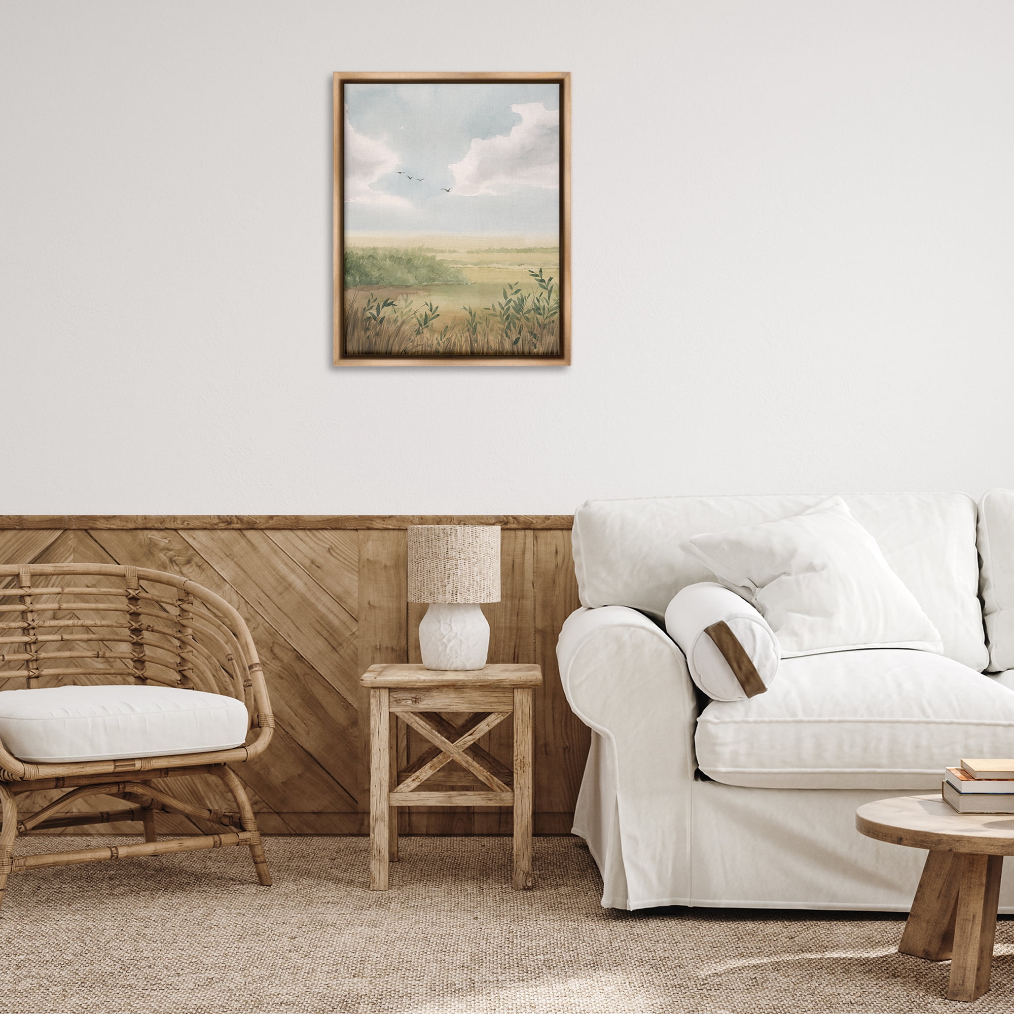 Stupell Industries Birds over Grasslands Landscape & Nature Painting Brown Floater Framed Canvas Art Print Wall Art, 25 x 31