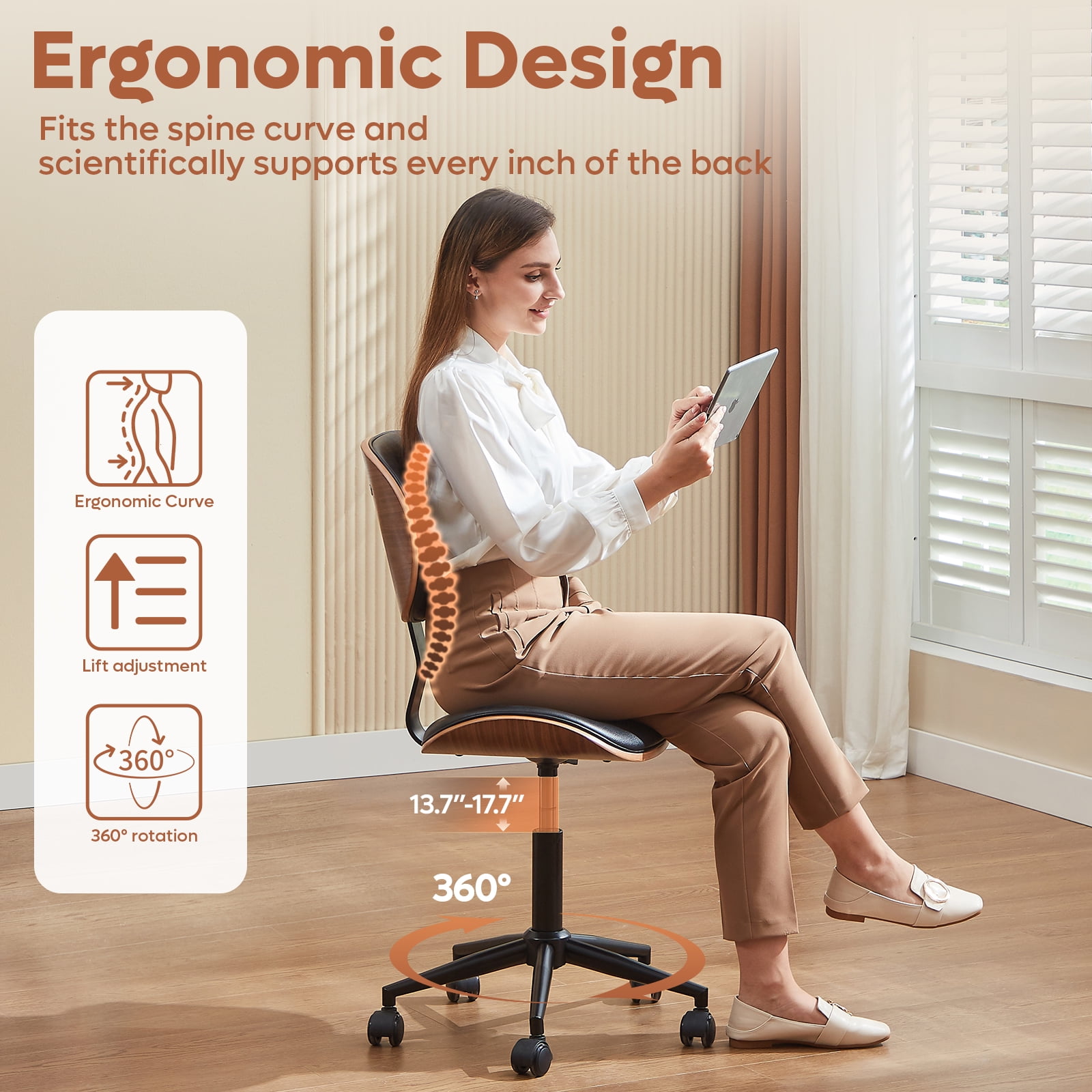 Bestier Bentwood Ergonomic Armless Office Desk Chair with Wheels, Comfy Computer Chair with Lumbar Support, PU Leather Mid Back Adjustable Height 360° Rolling Swivel Task Chair No Arm for Home, Black