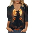 thumbnail image 2 of Women's Witch Graphic Shirts Full Moon Print V-Neck 3/4 Sleeve Tops Casual Halloween Pullover Blouses Lightweight Comfortable Tees for Autumn Festival Everyday Wear, 2 of 5